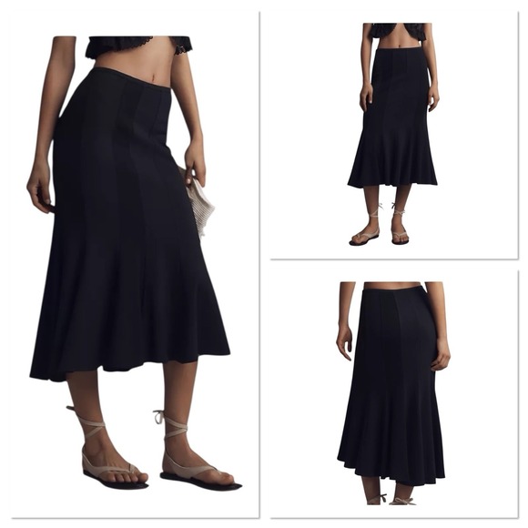 By Anthropologie Fluted Knit Midi Skirt Size M Black Pencil Flare Minimalist NWT